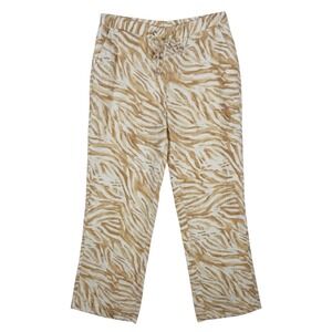 JM Collection Womens Tan White Zebra Animal Print 100% Linen Drawstring Pants 14